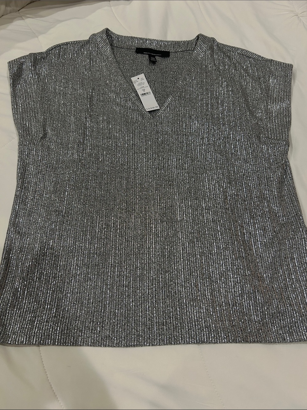 White House Black Market Silver Metallic V-Neck Sweater Top